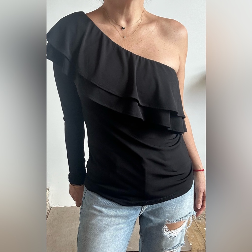 Veronica M black  ruffle asymmetrical one long sleeve top size "S"